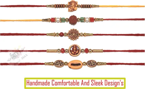 Vista 3 de IS4A Juego de 5 pulseras Rakhi surtidas (5 Rakhis) hechas a mano Rakhi Juego de 5 regalos Rakhi para hermano, hermana, bhaiya, bhabhi para indio