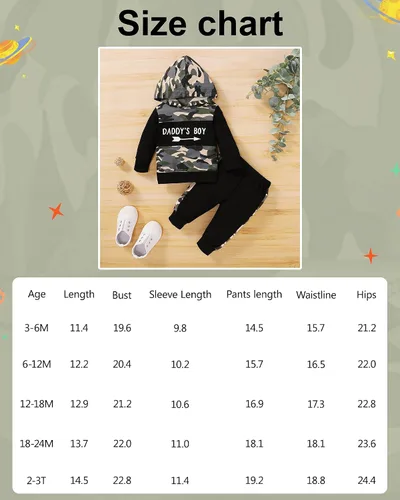 Vista 6 de Ropa para bebé niño 2 unidades sudadera con capucha clásica a cuadros con estampado de letras y pantalones de camuflaje