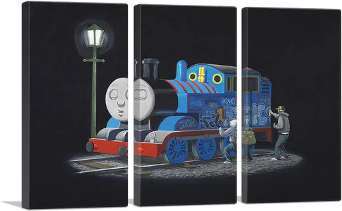 Vista 10 de ARTCANVAS Banksy - Lienzo decorativo con diseño de tanque de motor de Thomas The Train Engine Tank, póster con marco estirado, para decoración