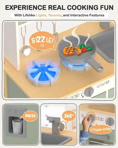 Vista 3 de Babytronic Cocina de juego para niños, juego de cocina de madera para niños a partir de 3 años con luces reales, sonidos, estufa, fregadero, horno