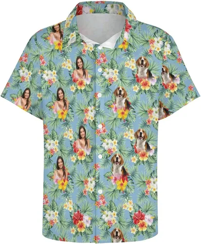 Vista 5 de Camisa hawaiana personalizada con caras, camisa hawaiana de manga corta para hombre, diseño floral tropical para novio, marido, hijo