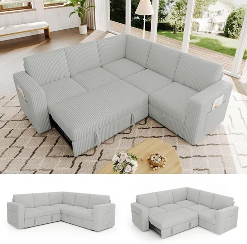Vista 22 de Sofá modular de 85 pulgadas con cama extraíble, sofá modular de 5 asientos en forma de L con almacenamiento, sofás seccionales para sala de estar