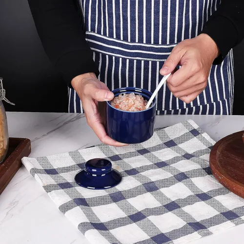 Vista 5 de Azucarero de 8 onzas con tapa y cuchara, frasco de azúcar de cerámica, dispensador de azúcar, contenedor de azúcar, accesorios para cafetería, marino