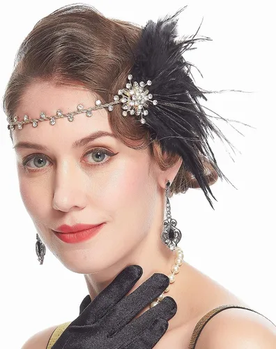 Vista 8 de Cizoe (aa) - Juego de accesorios de estilo Gatsby de la década de 1920, para mujer, diadema de estilo flapper, tocado, collar, guantes