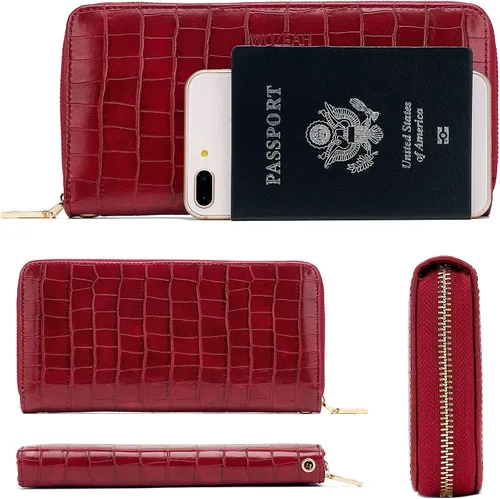 Vista 4 de WOZEAH - Cartera de piel sintética con cremallera y bloqueo RFID para mujer, ideal para viajar