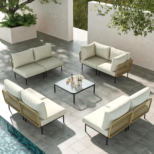 Vista 55 de LayinSun Juego de muebles de patio de aluminio de 7 piezas, sofá modular moderno con mesa auxiliar y cojín de grosor mejorado Gris claro