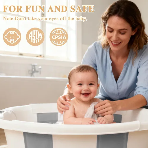Vista 12 de Bañera para bebé EverKiddo, tina de baño para bebé con termómetro y cojín suave, bañera plegable para bebés de recién nacidos a niños pequeños de 0