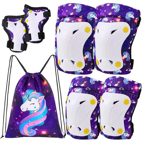 Vista 8 de FIODAY Rodilleras para niños, rodilleras para niños pequeños y coderas, muñequeras con bolsa de cordón, juego de equipo de protección ajustable