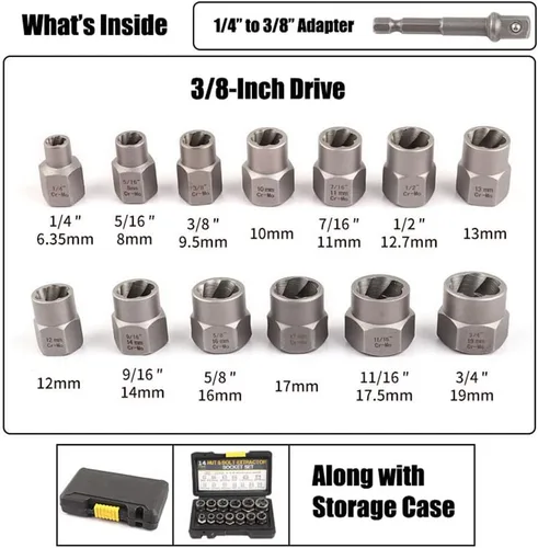 Vista 2 de Juego de extractor de tuercas de perno de impacto de 3/8 pulgadas, kit de 13 piezas de extractor de tuercas de llanta de 1/4"-3/4" con un adaptador