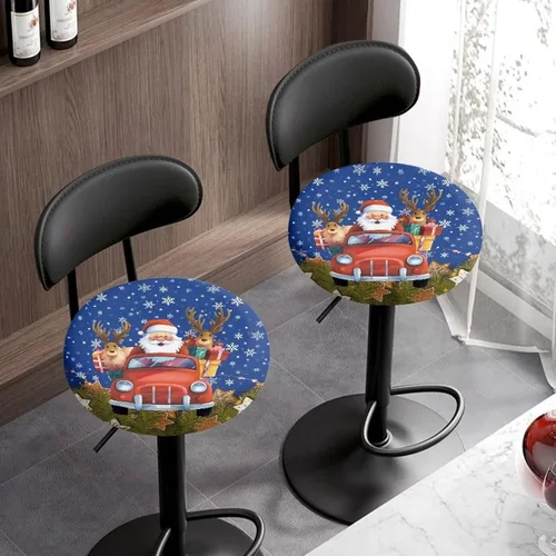 Vista 3 de Juego de 2 fundas redondas para taburetes de Navidad, color azul, diseño de ciervos de Navidad, fundas de cojín elásticas para taburetes de silla