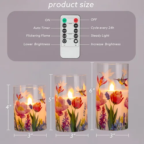 Vista 3 de JOIONE Hummingbird Flameless Glass Candles, 3 Pack Floral LED with Remote