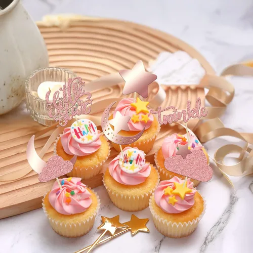 Vista 7 de Gyufise 24 piezas de decoración de cupcakes con purpurina de luna, nube, decoración de tartas de estrellas parpadeantes, baby shower, niños, Oro