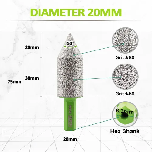 Vista 2 de Broca de fresado de biselado de diamante - Broca de cono de azulejos Biselado 4/5" vástago hexagonal 20MM Granito Agujeros de ampliación de mármol