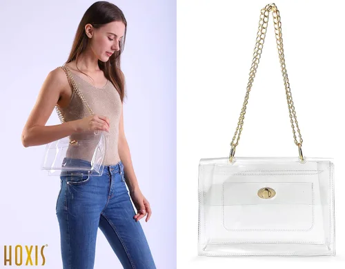 Vista 2 de Bolso de hombro con solapa transparente para mujer, con cierre de giro, minimalista, para estadio aprobado