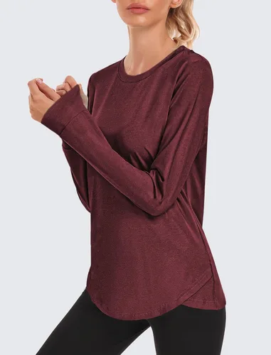 Vista 3 de Pinspark Camisetas de entrenamiento de manga larga para mujer, cuello redondo, camisetas de yoga, ligeras, atléticas, gimnasio, correr