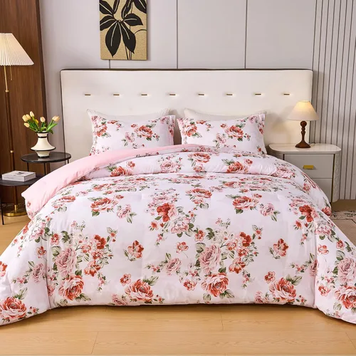 Vista 35 de Koniroom 6-Piece Pink Comforter Set Twin Size - Reversible Beige White Flower Bed in a Bag with Sheets, Pillowcases, Shams, and Decorative Pillow