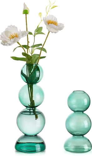 Vista 10 de Jarrones de Burbujas de Vidrio para Flores, Hewory 2 piezas Jarrones Únicos Azules Lindos para Flores Individuales para Centros de Mesa, Jarrón