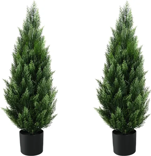 Vista 15 de Árbol topiario artificial de 2 pies, hermosos pinos de cedro sintético, árboles de Navidad, con clasificación UV, arbustos falsos para porche