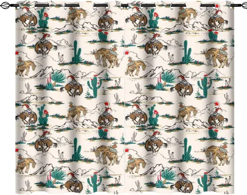 Vista 9 de Cortinas opacas retro de vaquero occidental para dormitorio, estilo rústico, cactus, salvaje oeste, vaquero, paseo, caballo, con ojales, aislamiento
