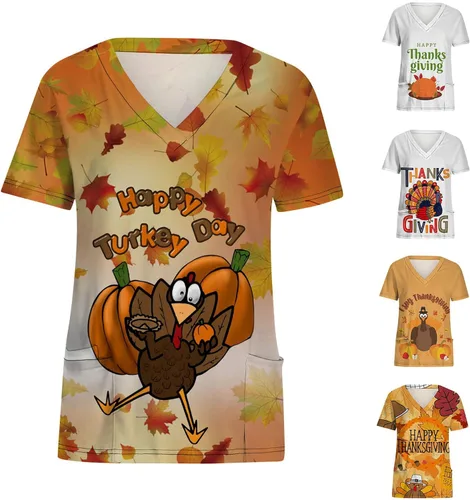 Vista 2 de Camisas de manga corta para mujer, uniforme de trabajo de enfermería, estampado de pavo, cómodas y transpirables