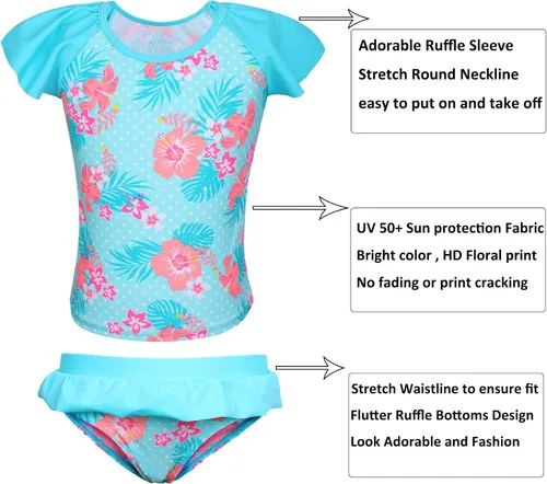 Vista 3 de TFJH E Traje de baño de dos piezas para niñas con estampado de puntos de mariposa UPF 50+ UV 3-10Y