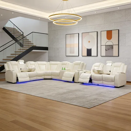Vista 19 de Juego de sofá modular reclinable eléctrico para sala de estar, juego de sofá reclinable de cuero con luces LED / almacenamiento oculto, sofá