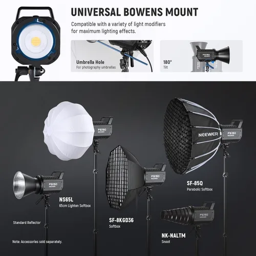 Vista 9 de NEEWER FS150 Luz de Vídeo LED 2.4G/Control APP, Luz Continua Silenciosa de 130W 5600K COB Luz Diurna para Fotografía con 4 Tipos de Atenuación