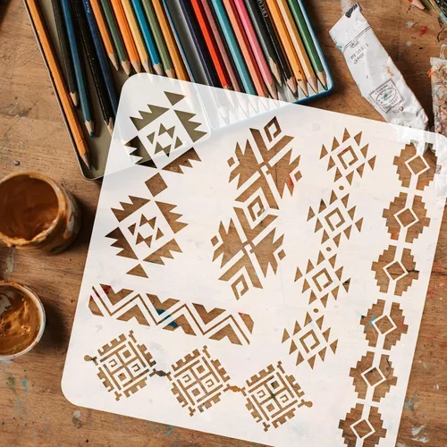 Vista 3 de FINGERINSPIRE Plantilla tribal azteca de 11.8 x 11.8 pulgadas, plantillas de dibujo de fronteras del suroeste, plantillas de plástico de 6 estilos