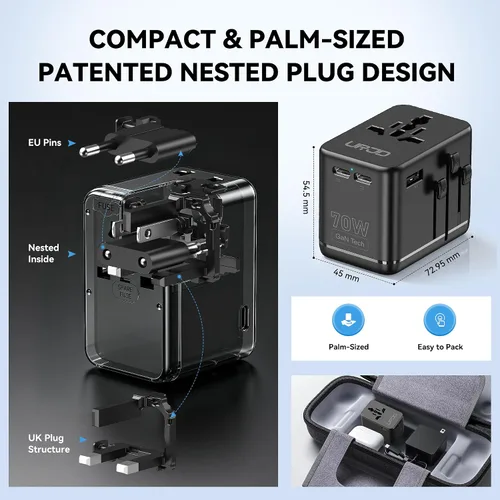 Vista 8 de Adaptador de viaje universal GaN de 70 W, 4 USB C/A + 2 AC, más de 200