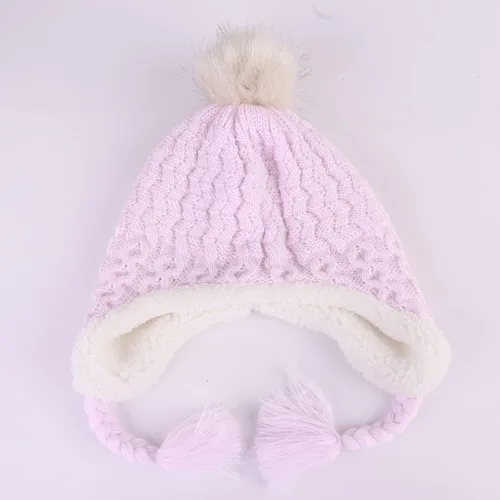 Vista 4 de Gorro de punto con solapa para las orejas para bebé, de piel sintética, con pompón, para invierno, cálido, forro polar