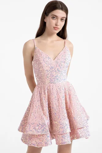 Vista 8 de Vestidos de fiesta de lentejuelas para adolescentes, vestido corto de graduación 2024 con cuello en V brillante, vestido formal de fiesta de cóctel