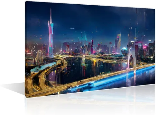 Vista 25 de 1 panel de cuadros de la ciudad de Cyberpunk, arte de pared, representación de vallas publicitarias, edificios modernos en la capital con obras
