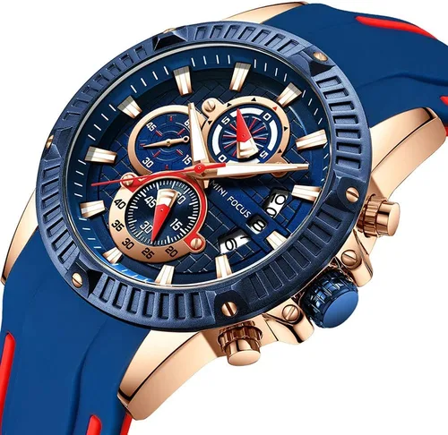 Vista 2 de Mini Focus - Reloj deportivo militar para hombre (cronógrafo, resistente al agua, luminoso, calendario), correa de silicona de cuarzo para hombre