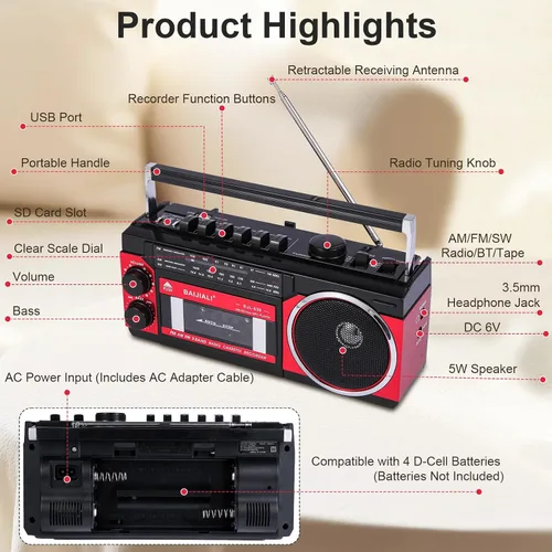 Vista 4 de Reproductor de casete portátil con radio AM/FM/SW y BT, Boombox para el hogar y viajes, grabación desde radio, reproducción a través de SD/USB