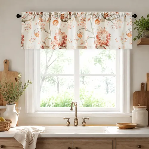 Vista 45 de Leeva Cortinas rústicas de cocina con estampado floral verde mezclado de lino para media ventana, para comedor, bolsillo para barra, cafetería