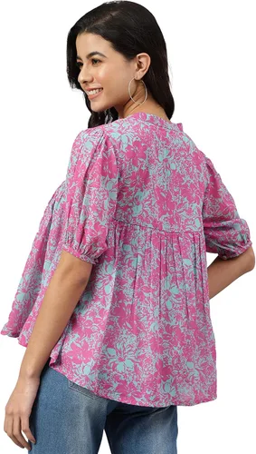 Vista 6 de Janasya Indian Georgette - Camiseta acampanada con estampado digital rosa para mujer