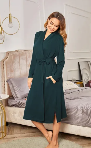 Vista 2 de Ekouaer Batas para mujer de manga larga tipo kimono de punto, suave y ligera, ropa de dormir de algodón para mujer