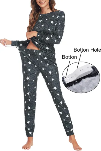 Vista 3 de Ekouaer Conjunto de ropa interior térmica de maternidad y lactancia, conjunto de pantalones largos de punto a rayas, capa base superior e inferior