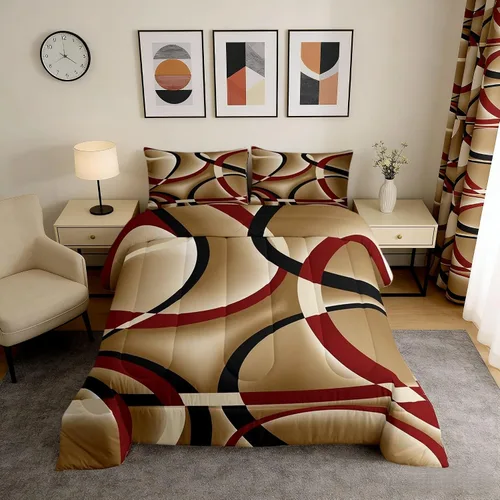 Vista 15 de Castle Fairy Juego de edredón con estampado azteca occidental, juego de ropa de cama geométrica a rayas marrones para niños y adolescentes