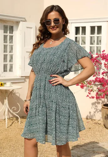 Vista 5 de Nemidor NEM297 - Vestido casual de verano con estampado, de gasa para mujer, talla extragrande, con manga con volantes, por debajo de la rodilla