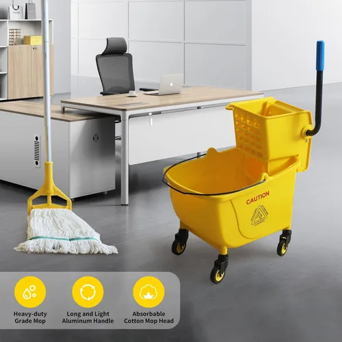 Vista 2 de Combo de escurridor de prensa lateral, cubo rectangular de limpieza de pisos con ruedas, 35 cuartos de galón, amarillo, añade una fregona y un