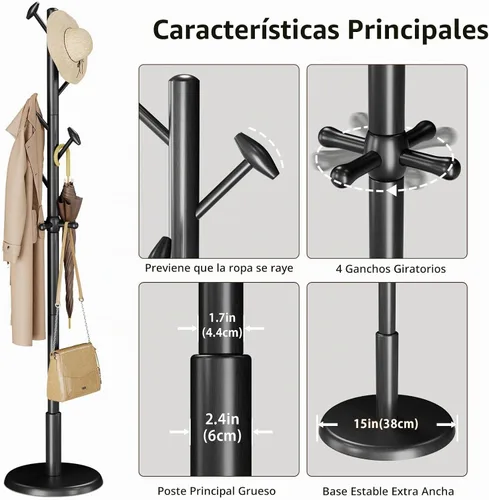 Vista 4 de Taitiy Perchero de madera maciza independiente con 10 ganchos para dormitorio, sala de estar, entrada, soporte resistente para sombreros, abrigos