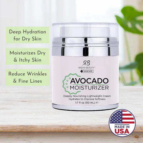 Vista 2 de Radha Beauty Hidratante de aguacate que aumenta el brillo, 1.7 fl oz. para cara, cuello, escote, crema facial ligera súper hidratante