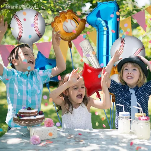 Vista 5 de Decoraciones de fiesta de cumpleaños de béisbol para el primer cumpleaños, suministros para fiesta de primer cumpleaños, guantes redondos con tema
