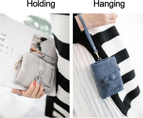 Vista 6 de Cartera personalizada con flor de nacimiento y nombre, pequeña cartera de cuero para mujeres, adolescentes, niñas, regalos personalizados