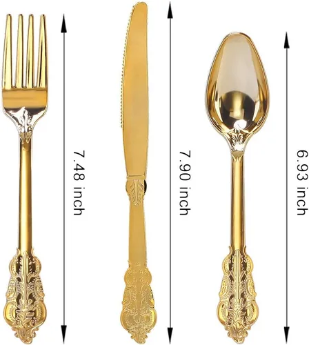 Vista 9 de WDF 300 cubiertos de plástico dorado desechables, cubiertos de plástico resistente, juegos de cubiertos dorados que incluyen 100 tenedores, 100