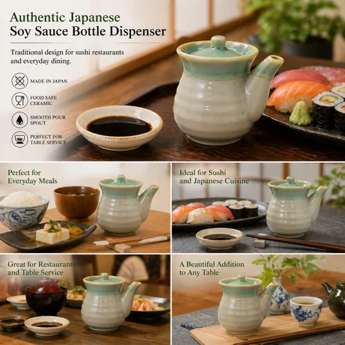 Vista 5 de Dispensador de botellas de salsa de soja japonesa, 1 paquete, olla de cerámica Shoyu con tapa, servidor de salsa de soja tradicional estilo Tenmoku