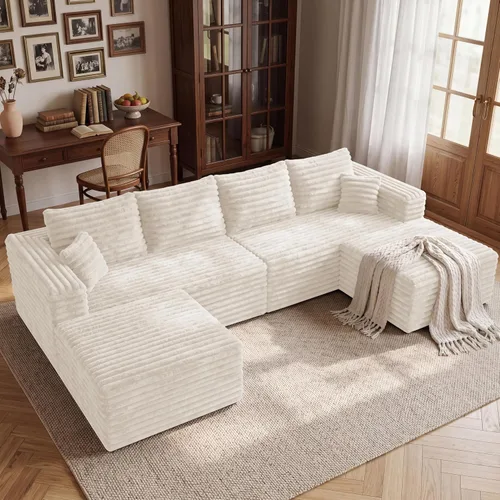 Vista 40 de Sofá modular en forma de L de 118 pulgadas, moderno sofá modular de pana de espuma viscoelástica de 4 plazas con otomana, asiento profundo tapizado