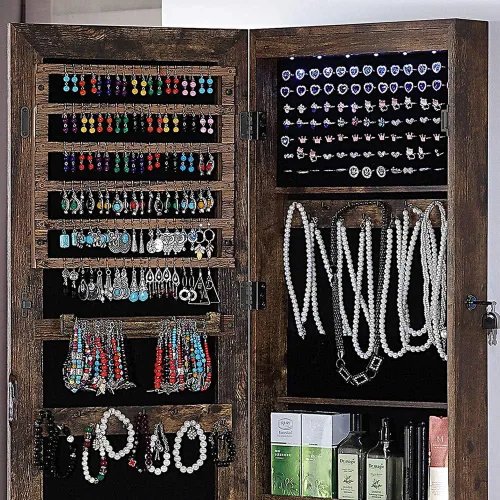 Vista 6 de GISSAR - Armario de joyería con espejo de longitud completa armario de joyería de 6 LED montado en la pared para colgar sobre la puerta organizador