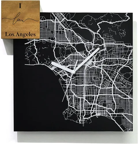 Vista 46 de Modern Wall Clock - Black Aluminum with Silver Fiber Laser Engraving - Square - Contemporary Design - Personalized City Map - Home Town - Location